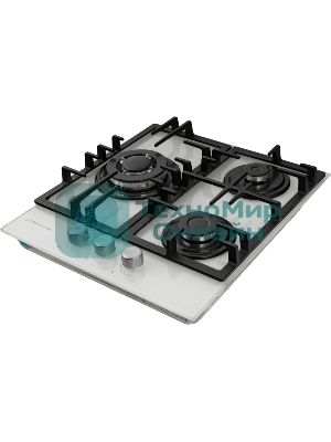 Газовая варочная поверхность закалённое стекло, Ширина 45 см, 3 газовые конфорки, 1 экономичная конфорка (0,9 кВт), 1 стандартная конфорка (1,7 кВт), 1 ВОК конфорка(3,5 кВт), Автоподжиг, Чугунные решетки, Жиклёры для баллонного газа, Газ-контроль, Цвет: белое стекло