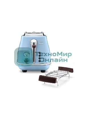 Тостер DeLonghi CTOV 2103.AZ, 900 Вт, на 2 тоста, разморозка, обжаривание, решетка для подогрева, поддон, голубой