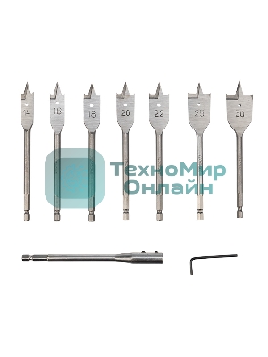 Набор сверл перовых по дереву Kranz 9 предметов: 14-16-18-20-22-25-30х152 мм, удлинитель, ключ угловой