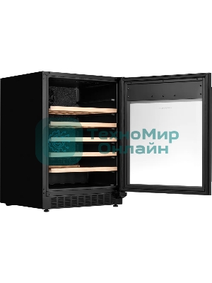 Винный шкаф KUPPERSBERG RBW 85, встраиваемый, High-Tech, объем 135 л, вместимость 54 бутылки, диапазон температуры 5-20 градусов, механическое открытие двери, 5 полок из бука, LCD дисплей, уровень шума 40 дБ, черный