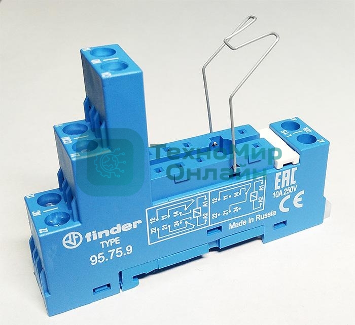 Розетка с винт. клеммами (с зажимной клетью) для реле 40.51 40.52 40.61 40.62 модули 99.01 в комплекте металлич. клипса 095.71 син. FINDER 95759SMA