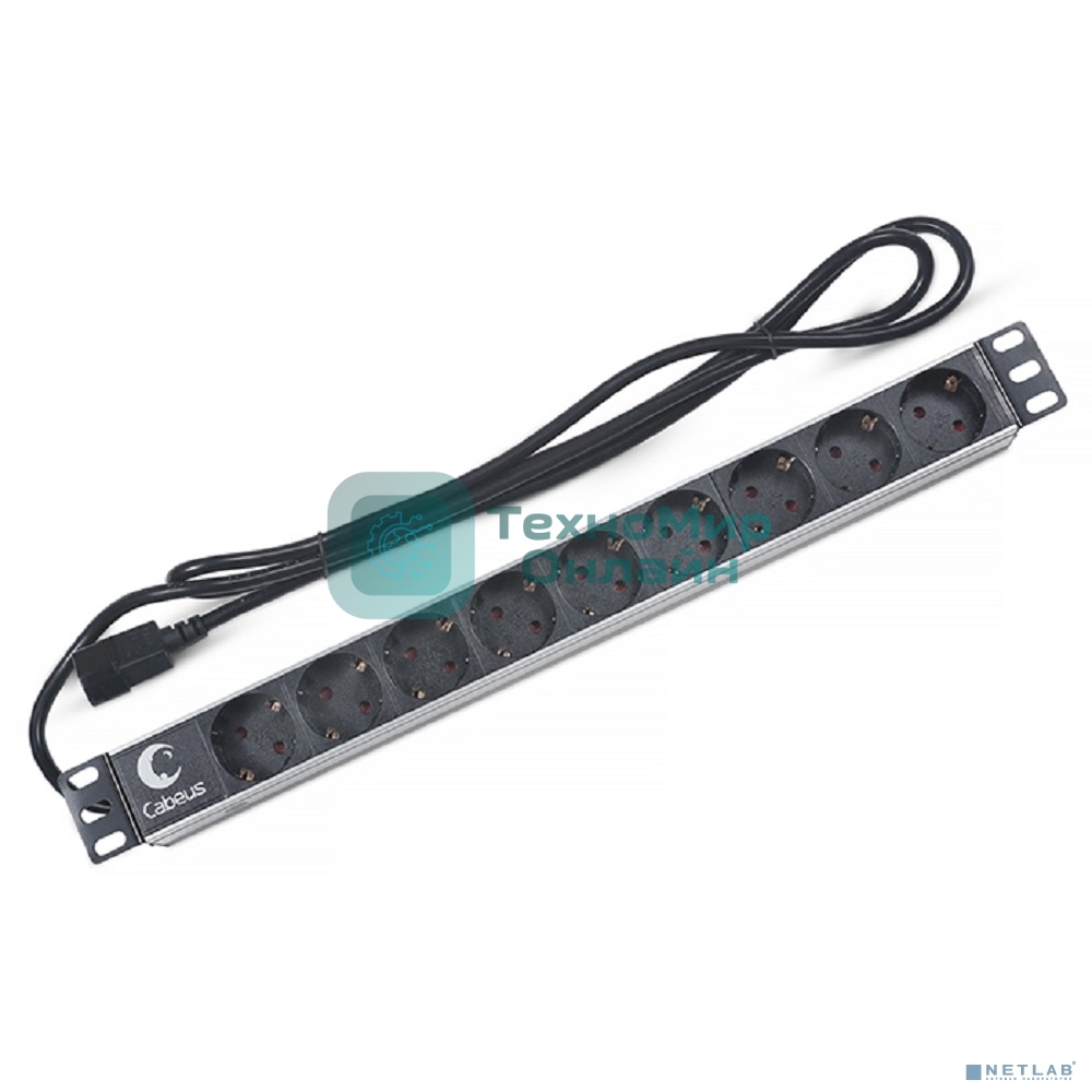 Блок силовых розеток Cabeus, Shuko х 9, вход IEC 320 C14, для шкафов, шнур 2 м, 50х490х50 мм (ВхШхГ), 10А, черный