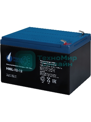 Battery Parus Electro, professional series HML-12-12, voltage 12V, capacity 12Ah (discharge 20 hours), max. discharge current (5sec) 180A, max. charge current 4.8A, lead-acid type AGM, terminals F2, LxWxH 151x98x95mm., full height with terminals 101mm., weight 4kg., service life 12 years.