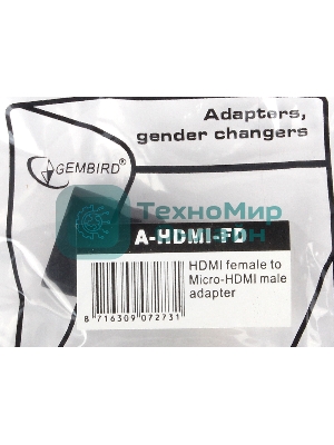 Переходник Gembird Переходник HDMI-microHDMI 19F/19M, золотые разъемы, пакет