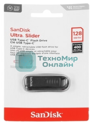 Флешка USB SanDisk Ultra Slider (SDCZ480-128G-G46), 128Gb, USB Type-C, R/W 400/70, черный