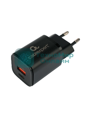Сетевое зарядное устройство Cablexpert MP3A-PC-43, 30Вт, 3А, быстрая зарядка QC3.0/PD, 2 порта: USB и Type-C, черный, пакет