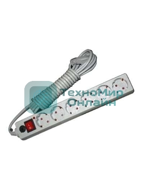 Удлинитель с сетевым фильтром 6х5 м с заземл. 10А IP20 защ. шторки ПВС 3х0.75 серый, UNIVersal 967U-5005