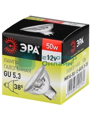 Лампа галогенная ЭРА GU5.3-MR16-50W-12V-Cl(10/200/6000)