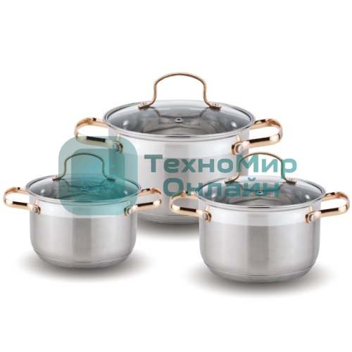 Набор посуды Kelli KL-4214 6 пред.(Кастрюля с жаропрочной стекл. крышкой 2.1 л. Кастрюля с жаропрочной стекл. крышкой 3 л. Кастрюля с жаропрочной стекл. крышкой 4 л. Мерная шкала внутри. Высококачественная нержавеющая сталь 18/10. 5-ти слойное капсульное дно.)