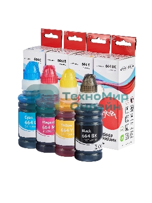 Набор чернил Sakura SIC13T664BA(664 BK) для Epson, водорастворимый тип, (черный, голубой, пурпурный, желтый), 4шт в наборе.