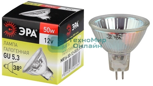 Лампа галогенная ЭРА GU5.3-MR16-50W-12V-Cl(10/200/6000)