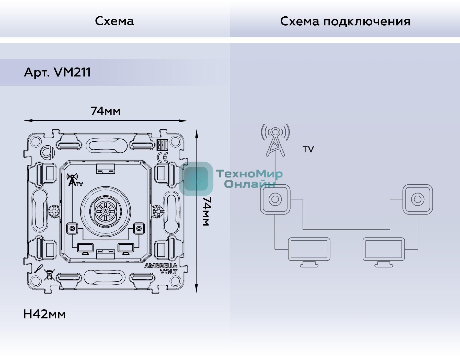 Механизм TV розетки проходной 5-1000 MHz 4dB QUANT VM211