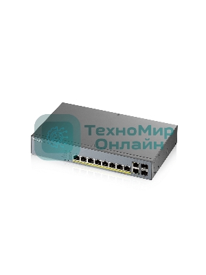 Коммутатор Zyxel GS1350-12HP, 10xGE (8xPoE+), 2xSFP, бюджет PoE 130 Вт, дальность передачи питания до 250 м, автоперезагрузка PoE-портов, повышенная защита от перенапряжений и электростатических разрядов