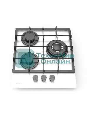 Газовая варочная панель Evelux HEG 425 WG Hi-Tech, 45 см, 3 конфорки, WOK-конфорка, чугунные решетки, газ-контроль, электроподжиг, механическое управление, белый