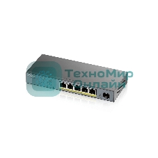 Коммутатор Zyxel GS1350-6HP, 4xGE PoE+, 1xGE PoE++ (802.3bt), 1xSFP, бюджет PoE 60 Вт, дальность передачи питания до 250 м, автоперезагрузка PoE-портов, повышенная защита от перенапряжений и электростатических р