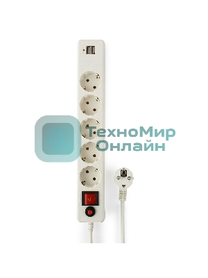 Сетевой фильтр Гарнизон 5 р, 10А, 2xUSB, 1.8 м, ур.защиты 4, белый, пакет