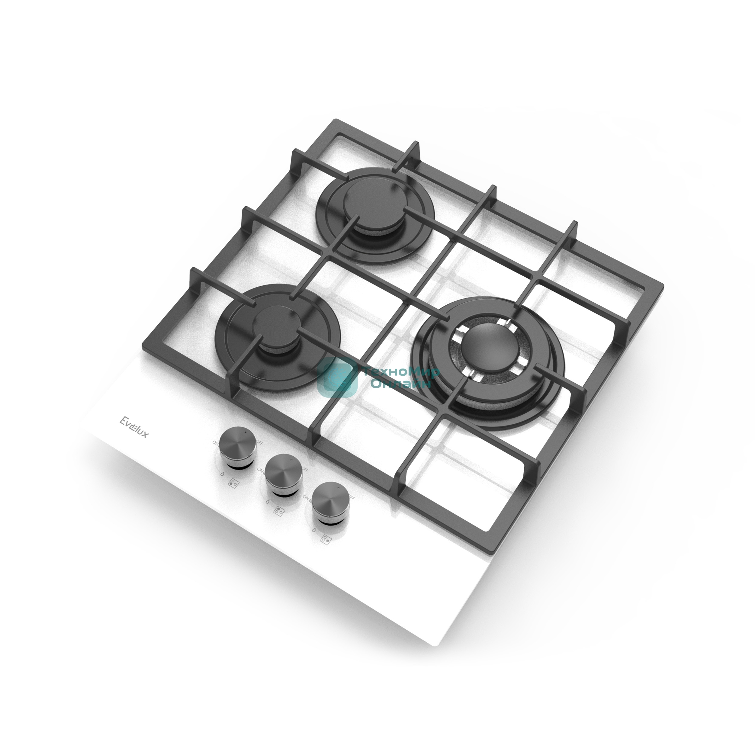 Газовая варочная панель Evelux HEG 425 WG Hi-Tech, 45 см, 3 конфорки, WOK-конфорка, чугунные решетки, газ-контроль, электроподжиг, механическое управление, белый
