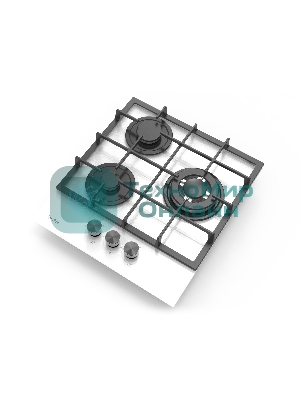 Газовая варочная панель Evelux HEG 425 WG Hi-Tech, 45 см, 3 конфорки, WOK-конфорка, чугунные решетки, газ-контроль, электроподжиг, механическое управление, белый