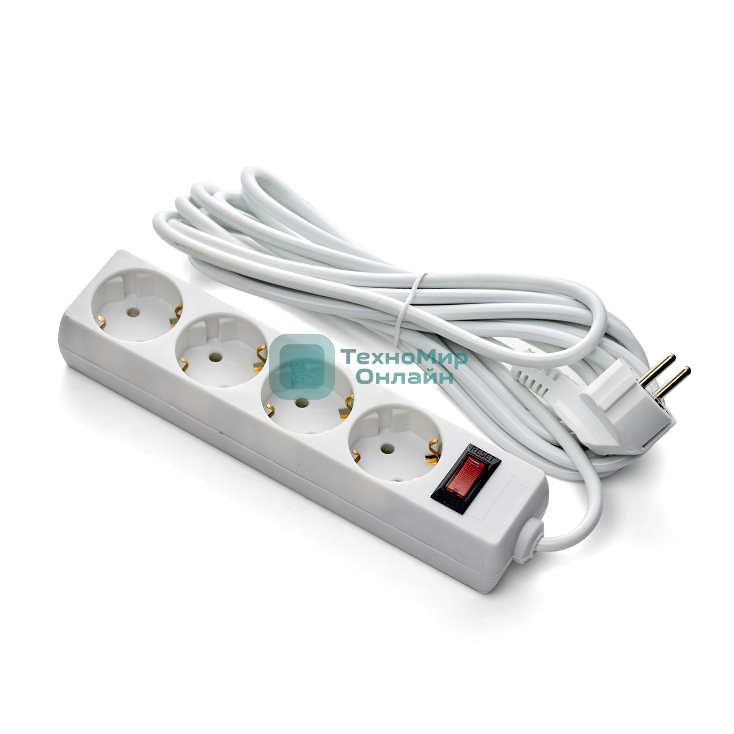 Удлинитель ExeGate EC-4-3W (EX279400RUS), белый, 3 м, евровилка с заземлением, 4 евророзетки с заземлением, 2200 Вт
