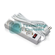 Удлинитель ExeGate EC-4-3W (EX279400RUS), белый, 3 м, евровилка с заземлением, 4 евророзетки с заземлением, 2200 Вт