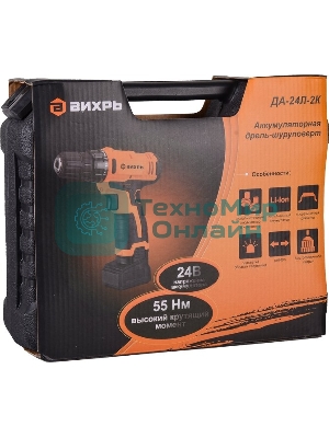 Дрель-шуруповерт Вихрь ДА-24Л-2к, 24 В, 2 Ач, 40 Нм, щеточный