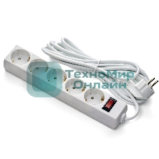 Удлинитель ExeGate EC-5-1.8W (EX279361RUS), белый, 1,8 м, евровилка с заземлением, 5 евророзеток с заземлением, 2200 Вт