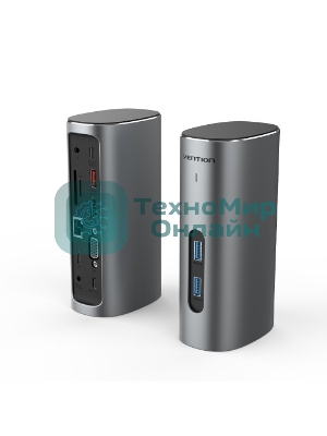 USB-концентратор Vention USB-C to HDMI/VGA/USB 3.1 Gen 2/USB 3.1 Gen 2-C/USB 3.0x2/RJ45/SD/TF/TRRS 3.5мм/PD/DC Docking Station Gray Vertical Aluminum Alloy Type EU Standard