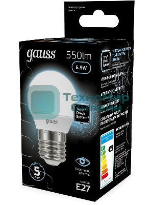Лампа светодиодная Gauss 6.5Вт цок.: E27 шар 220B св. свеч. бел. нейт. P45 (упак.: 10 шт)