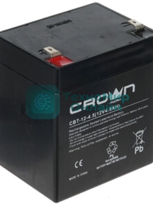 Батарея для ИБП CROWN CBT-12-4.5, напряжение 12В, емкость4,5 А/Ч, размеры (мм)90х70х101, вес 1,48 кг, тип клеммы - F2, тип АКБ - свинцово кислотная с загущеным электролитом в гель, срок службы 6 лет