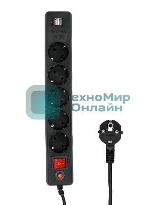 Сетевой фильтр Гарнизон 5 р, 10А, 2xUSB, 1.8 м, ур.защиты 4, черный, пакет