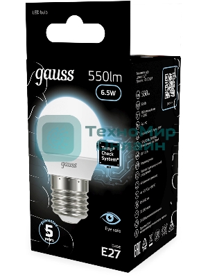 Лампа светодиодная Gauss 6.5Вт цок.: E27 шар 220B св. свеч. бел. нейт. P45 (упак.: 10 шт)