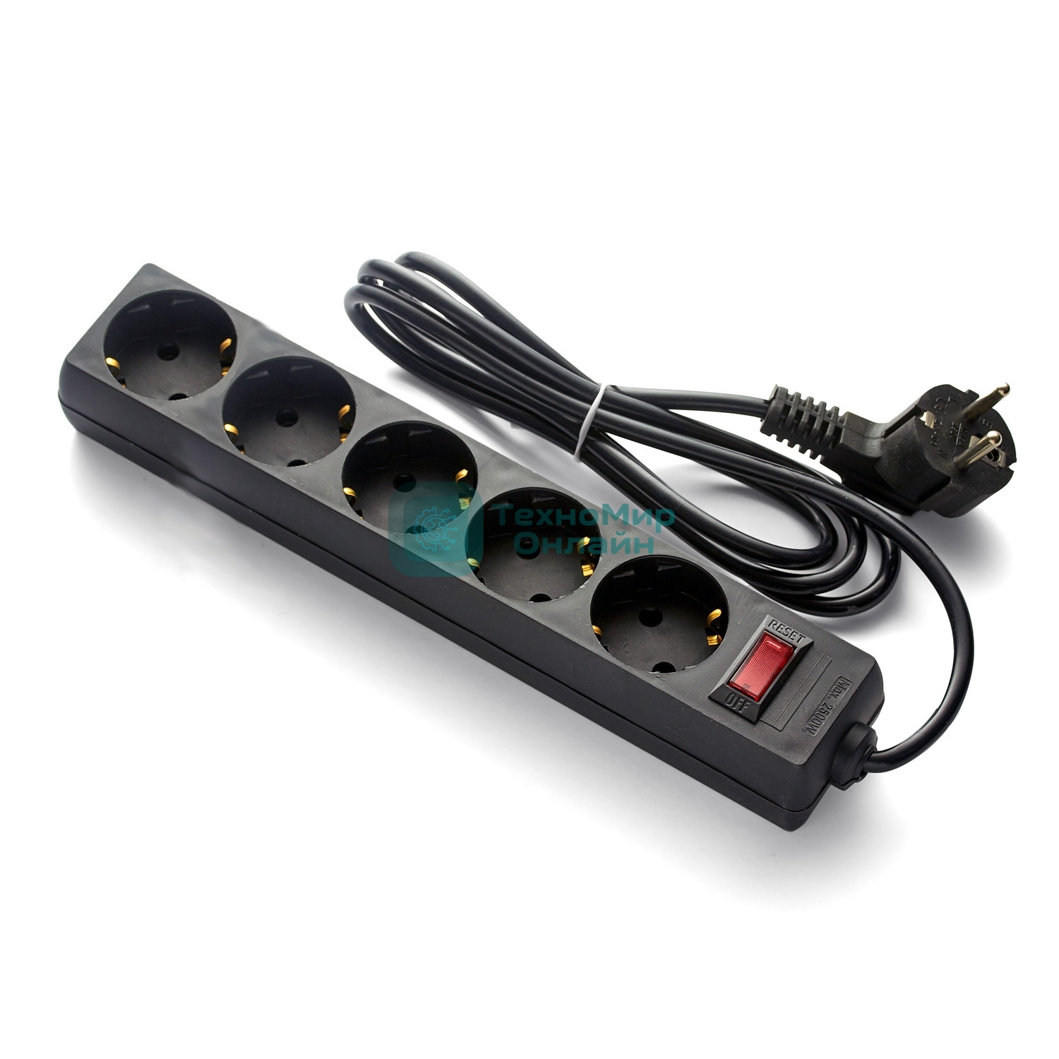 Удлинитель ExeGate EC-5-5B (EX279358RUS), черный, 5 м, евровилка с заземлением, 5 евророзеток с заземлением, 2200 Вт