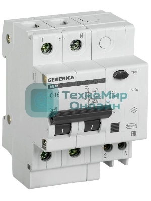Выключатель автоматический дифференциального тока IEK MAD15-2-016-C-030 АД12 2Р 16А 30мА GENERICA