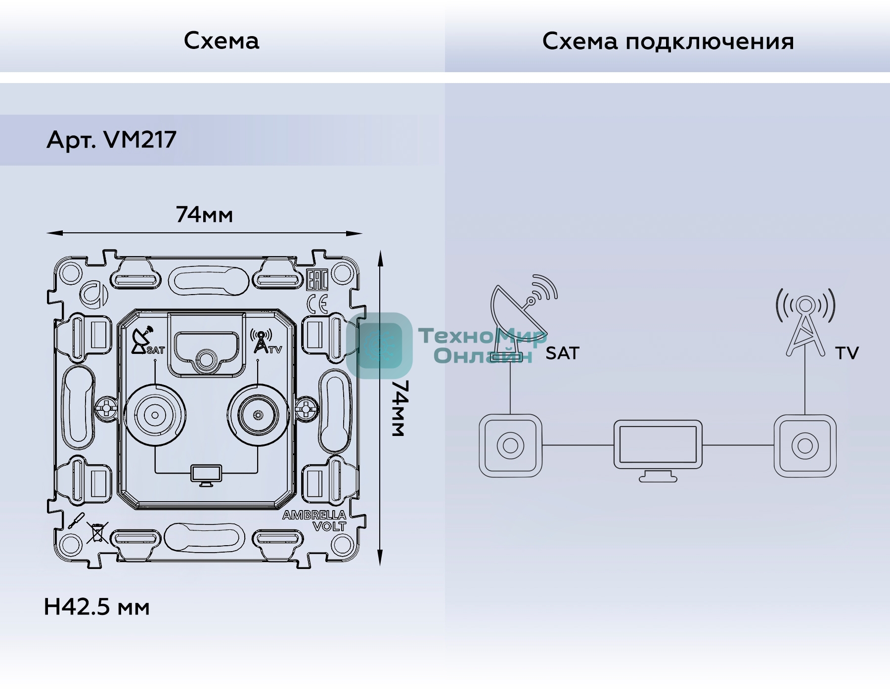 Механизм розетки TV оконечной + SAT 5-862MHz 3.5dB/950-2150MHz 3.8dB QUANT VM217
