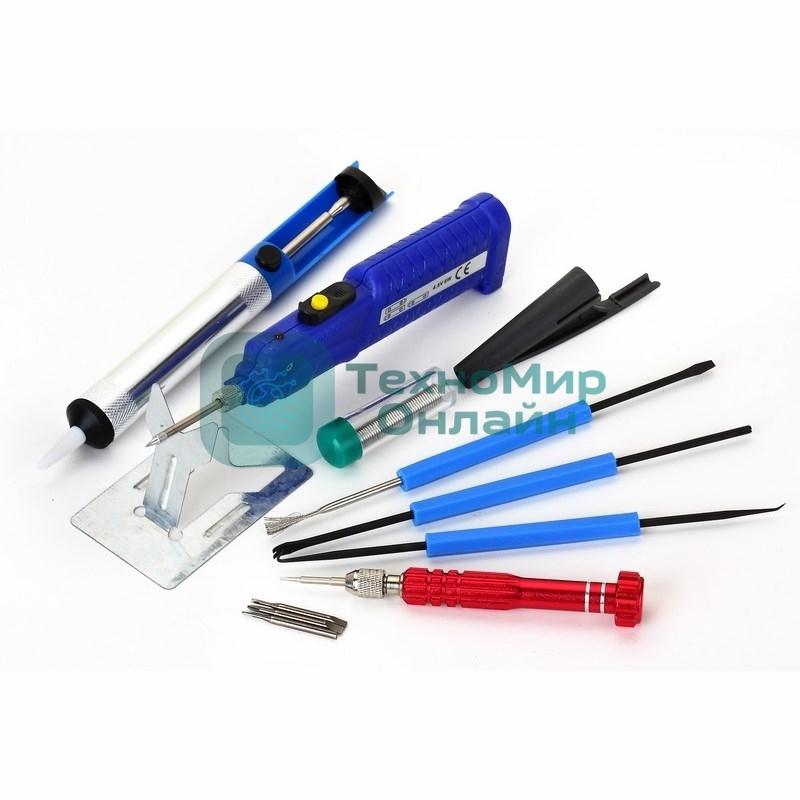 Набор для пайки Rexant (паяльник 8 Вт, оловоотсос, подставка, припой, отвертка, интрумент для монтажа)