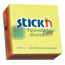 Блок самоклеящийся бумажный Stick`n 21012 76x76 мм, 400 листов, 70 г/м2, неон, 5 цветов в упаковке