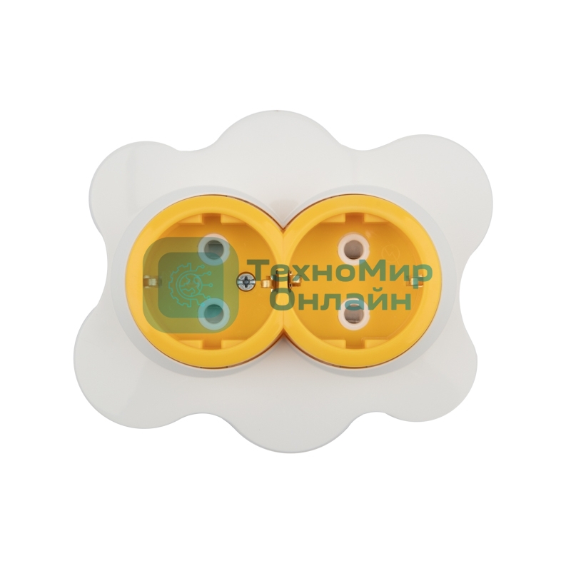Розетка двойная Kranz HAPPY Яичница скрытой установки, с заземлением и защитными шторками, желтая/белая