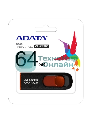 Флешка USB ADATA С008 (AC008-64G-RKD), 64Gb, USB 2.0, R/W 15/5, черный/красный