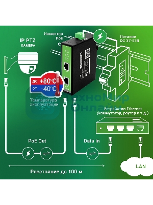 Инжектор PoE Digma DNP90W48GDXM 10/100/1000BASE-T 90Вт 37-57В(DC)