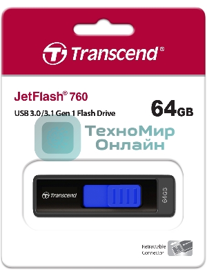 Флешка USB Transcend JetFlash 760 (TS64GJF760), 64Gb, USB 3.0, R/W 130/40, черный/синий