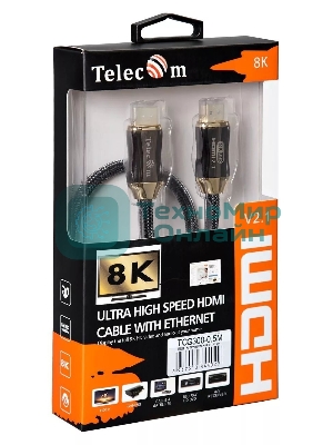 Кабель HDMI 19M/M,ver. 2.1, 8K@60 Hz 0.5m метал разъемы, нейлоновая оплетка Telecom TCG300-0.5M Кабель HDMI 19M/M,ver. 2.1, 8K@60 Hz 0.5m метал разъемы, нейлоновая оплетка Telecom