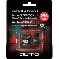 Карта памяти QUMO MicroSDXC 256 GB UHS-I, 3.0 , адаптер в комплекте SD, R/W 90/20 MB/s черно-красная картонная упаковка