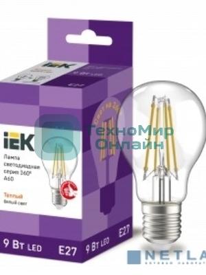 Лампа cветодиодная LED A60 шар прозр. IEK LLF-A60-9-230-40-E27-CL 9Вт 230В 4000К E27 серия 360°