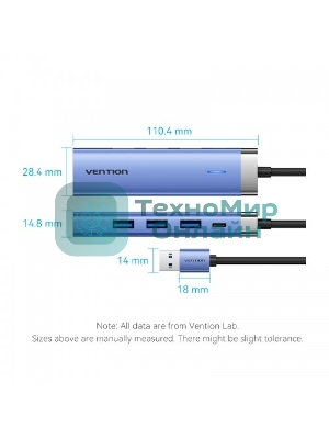 Сетевой адаптер Vention USB 3.0 M/Gigabit Ethernet RJ45+OTG хаб 3xUSB Синий - 0.15м.