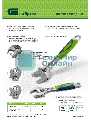 Ключ разводной Сибртех 250мм, переставная губка, 2 - х комп.рукоятка