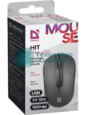 Мышь беспроводная Defender Hit MM-495 черный, 1600 dpi, радиоканал, USB, кнопки - 3