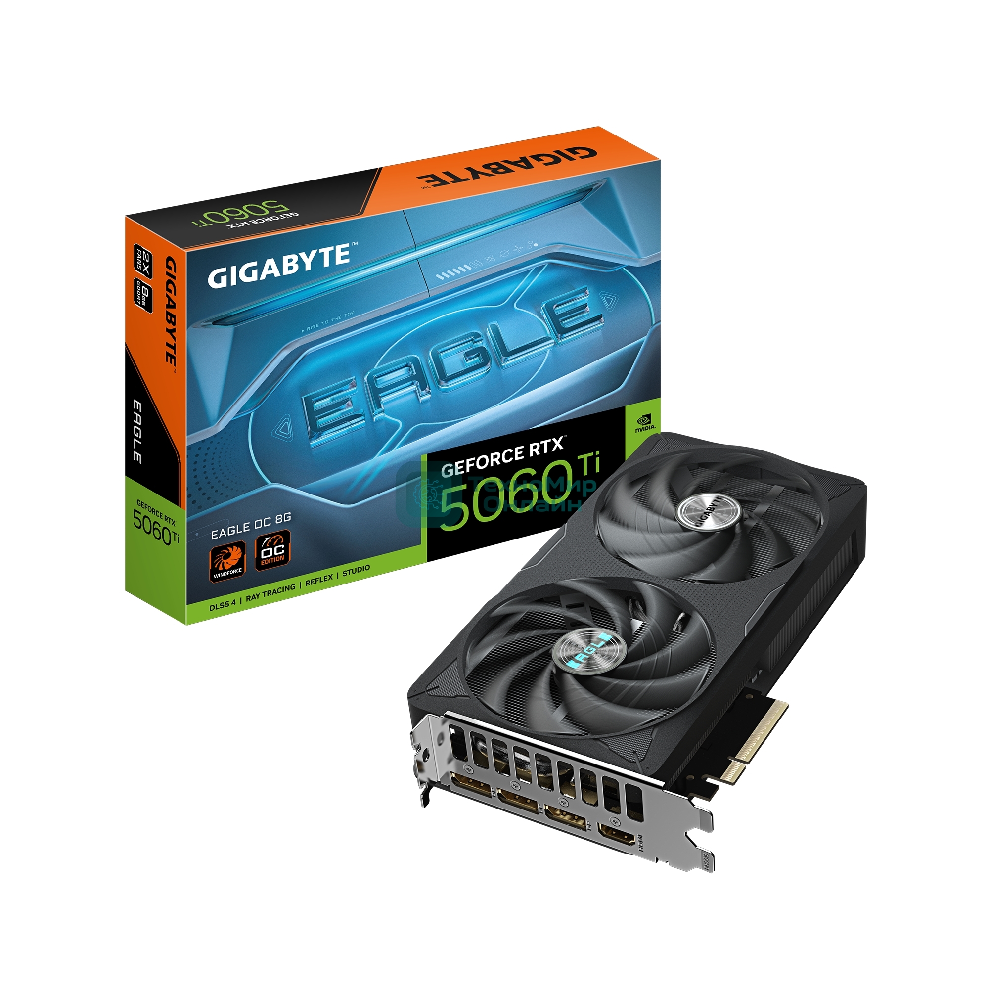 Видеокарта Gigabyte GeForce RTX 5060 Ti Eagle OC, NVIDIA RTX 5060 Ti, 8 ГБ GDDR7, 128 бит, PCI-e 5.0, 1xHDMI, 3xDP, 2617 МГц
