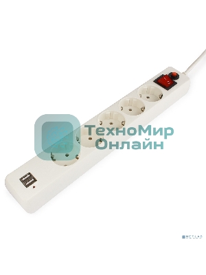 Сетевой фильтр Гарнизон 5 р, 10А, 2xUSB, 1.8 м, ур.защиты 4, белый, пакет