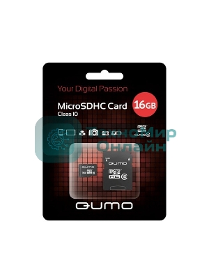 Флеш карта QUMO MicroSDHC 16Gb Сlass 10, адаптер в комплекте SD, черно-красная картонная упаковка