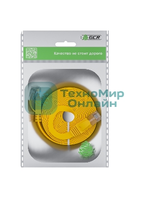 Патч-корд GCR PROF плоский прямой 2.0m, UTP медь cat.6, желтый, 30 AWG, ethernet high speed 10 Гбит/с, RJ45, T568B, GCR-52827